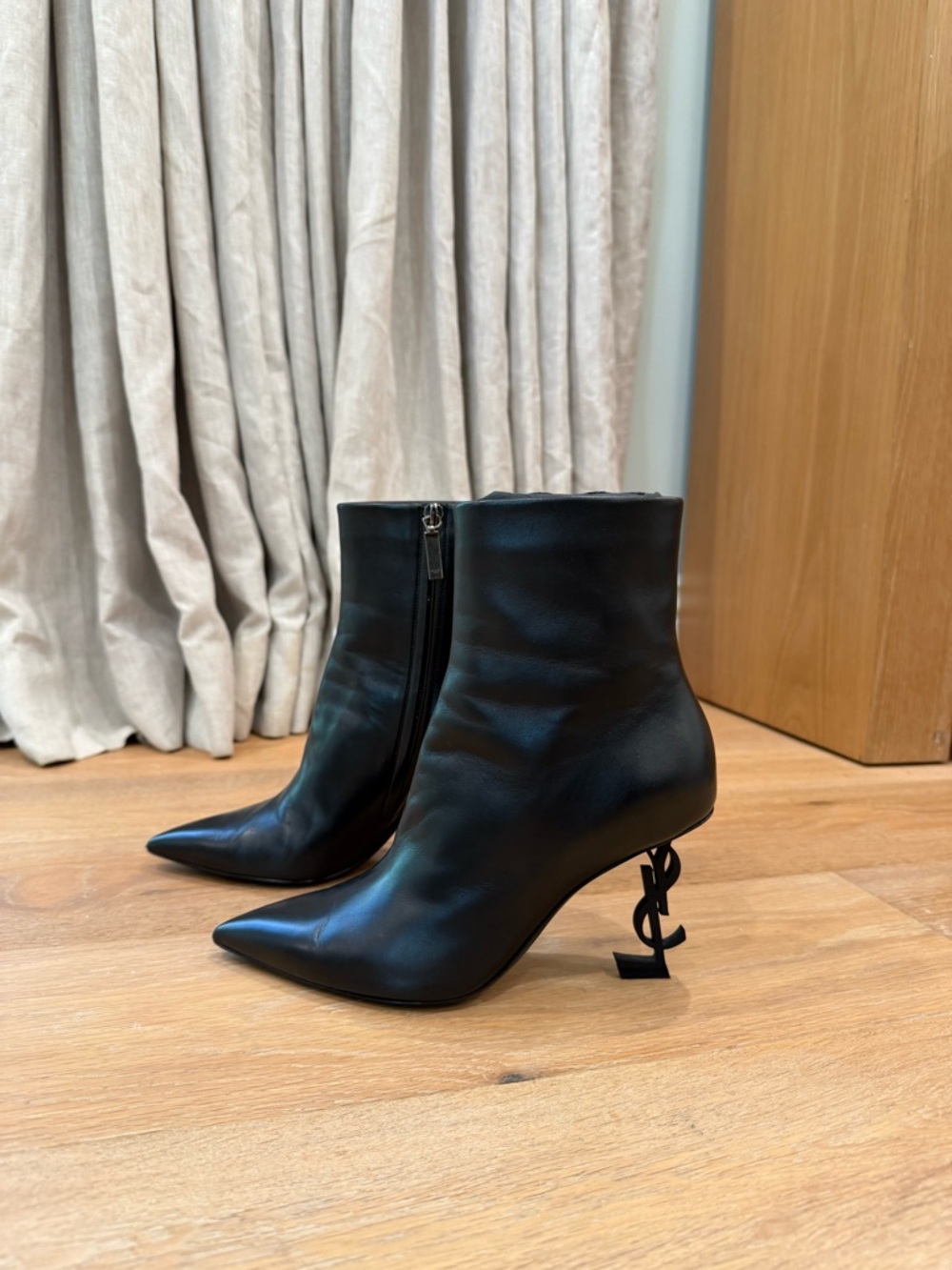 Saint Laurent Opyum YSL Heel Black Leather Ankle Boots